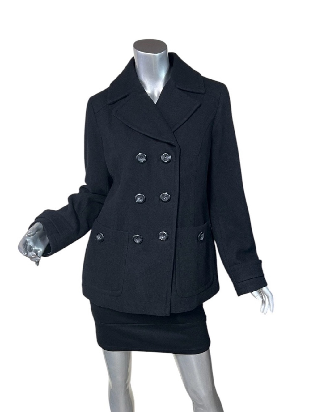 St. John's Bay Double Breasted Wool Blend Pea Coat Lined Black Women's Medium